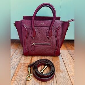Celine Nano Luggage Tote with Strap Smooth Calfskin Goatskin - Burgundy